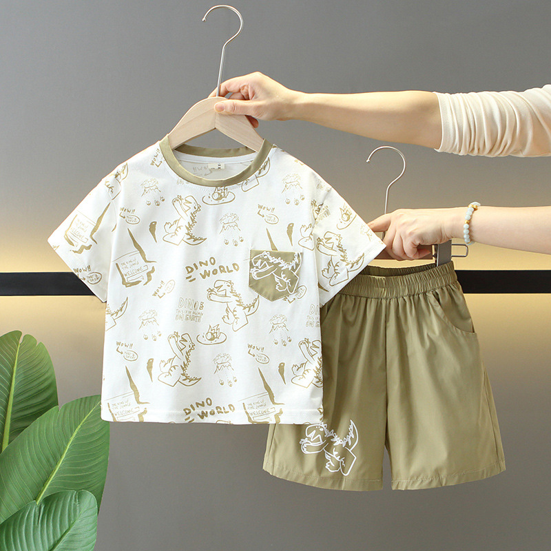 7277 Traje de verano para niños 2025 nuevo estilo estilo occidental dibujos animados para niños dinosaurio de manga corta bebé verano delgado dos piezas