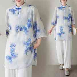 实拍 改良太极服女夏天棉麻薄款短袖苎麻太极拳练功服国风