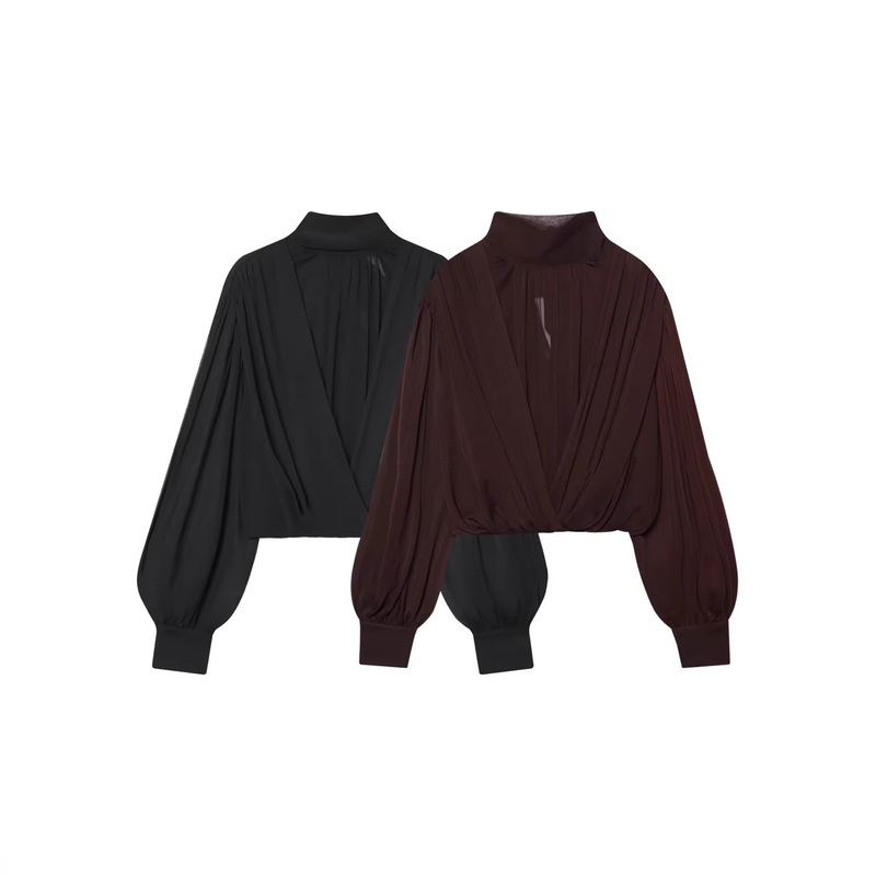 Cross-Border European and American Style Fashionable Simple Pleated Translucent Balloon Style Stand-Up Collar Long-Sleeved Top 3666187