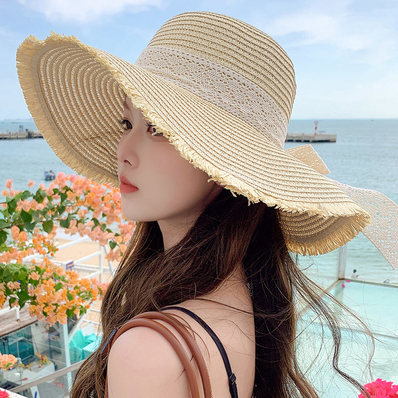 Sombrero de paja con lazo – estilo veraniego, ala ancha, para playa o vacaciones al aire libre