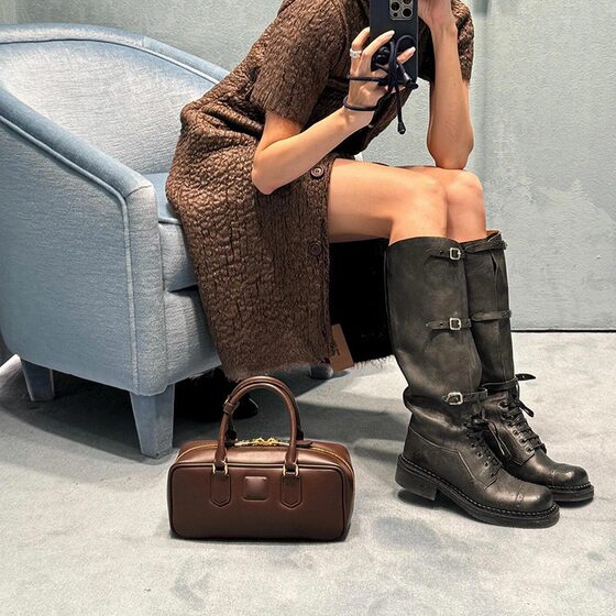 2024 ~ Genuine Leather Miu Fashion Showbelt Buckle Boots Women's Thick Heel Vintage Martin Boots Knight Boots Western Cowboy Boots