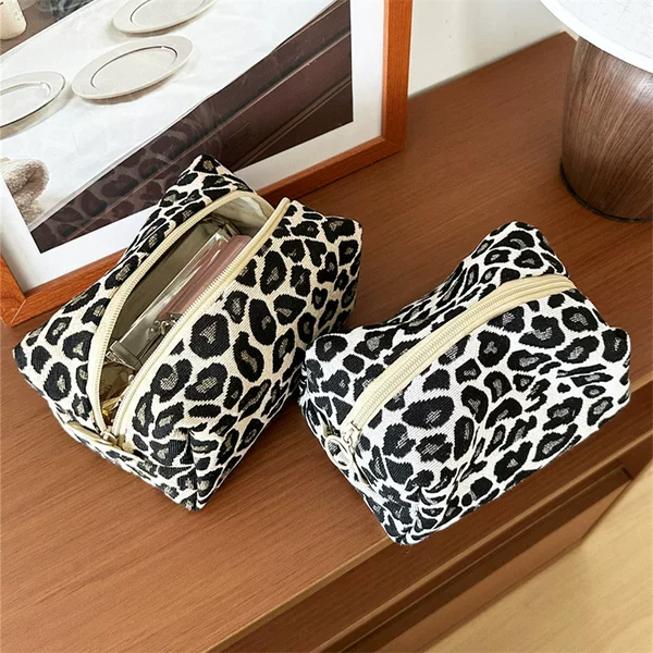 Cross-Border Simple Leopard Print Makeup Bag, Portable Skincare Storage Bag, Pencil Case, Brush Bag, Clutch Bag, Canvas Bag