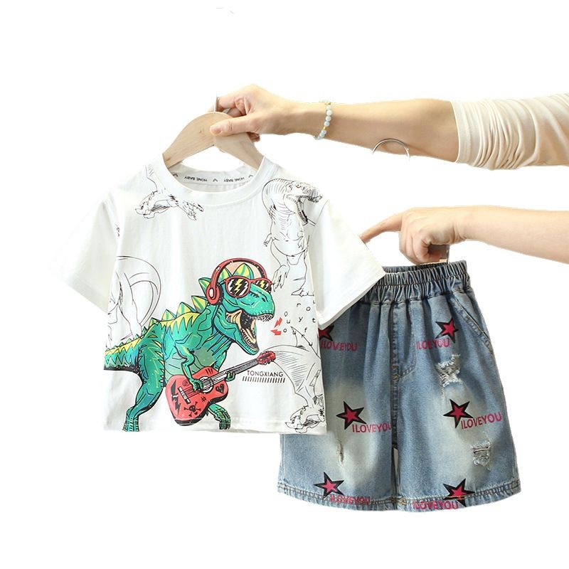 8072 Traje de verano para niños 2025 nuevos niños dinosaurio de manga corta de dos piezas ropa delgada de verano para bebés guapos