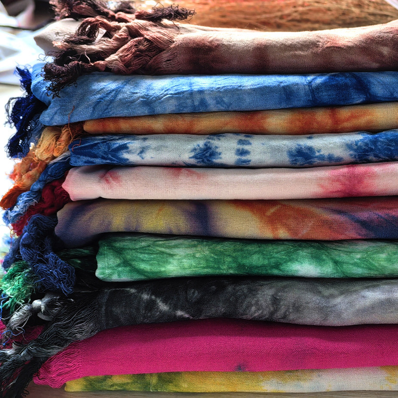 Color Tie-Dye Scarf Silk Shawl Sunshade Travel Photograph Shawl Ethnic Style Tassel Cape Shawl Beach Towel