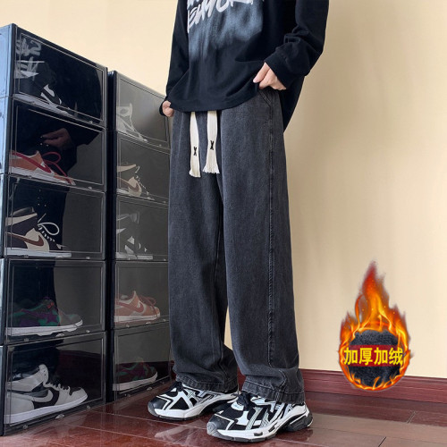 Men's Cozy Fleece Jeans for Autumn/Winter, American Retro Thick Straight Leg Wide Leg Pants, Trendy Brand Compatible