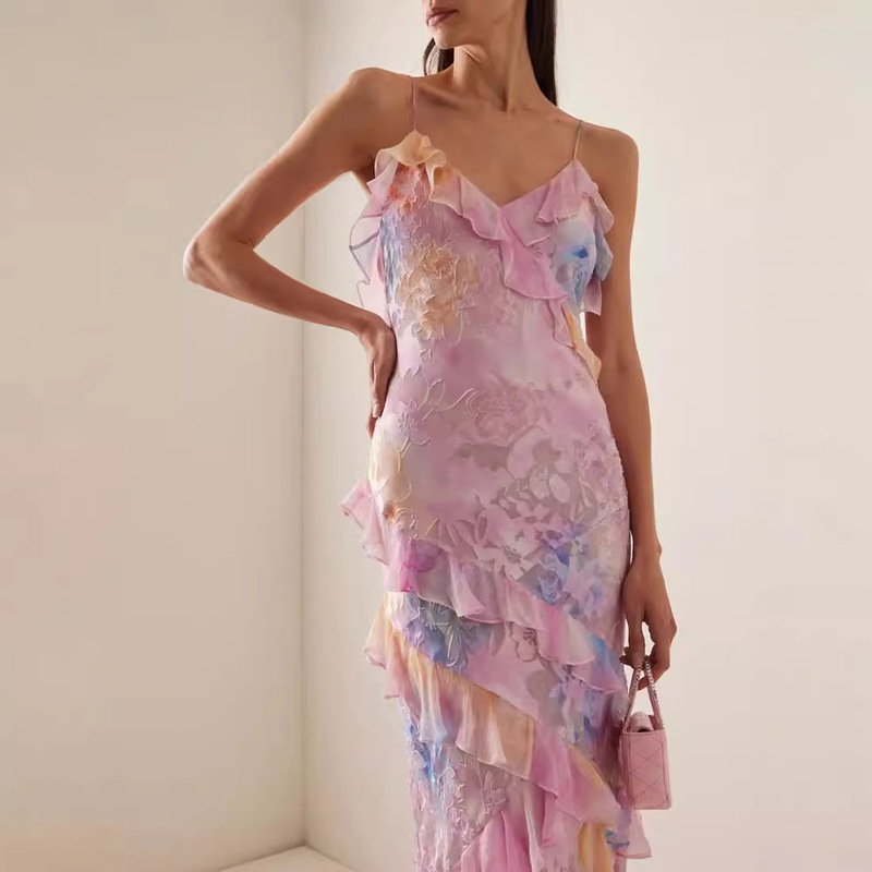 Cross-Border Sexy Ruffled Colorfulful Suspender Dress Summer Spring Chic V Neck Sleeveless Long Beach Dress