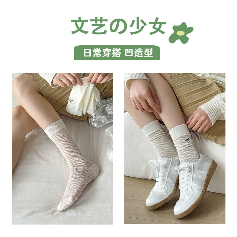 Summer thin breathable socks with bow, for teenagers, mid-length