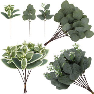 Simulated green plants artificial eucalyptus leaf plastic flower arrangement silk flower ornaments decoration eucalyptus leaf single branch photography wholesale