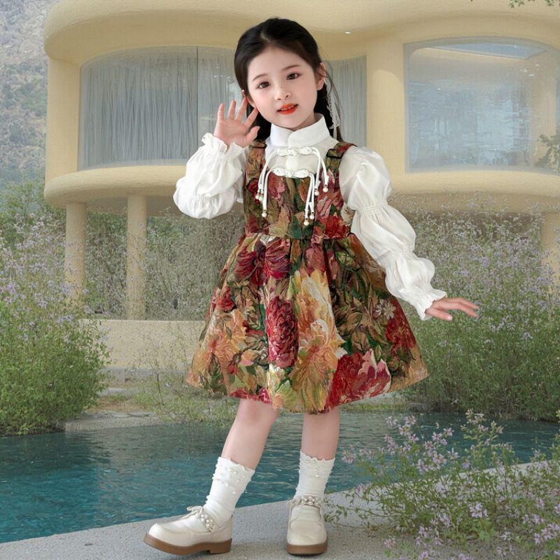女童裙套装两件套2025秋季新儿童洋气复古提花背带连衣裙套装时尚|undefined