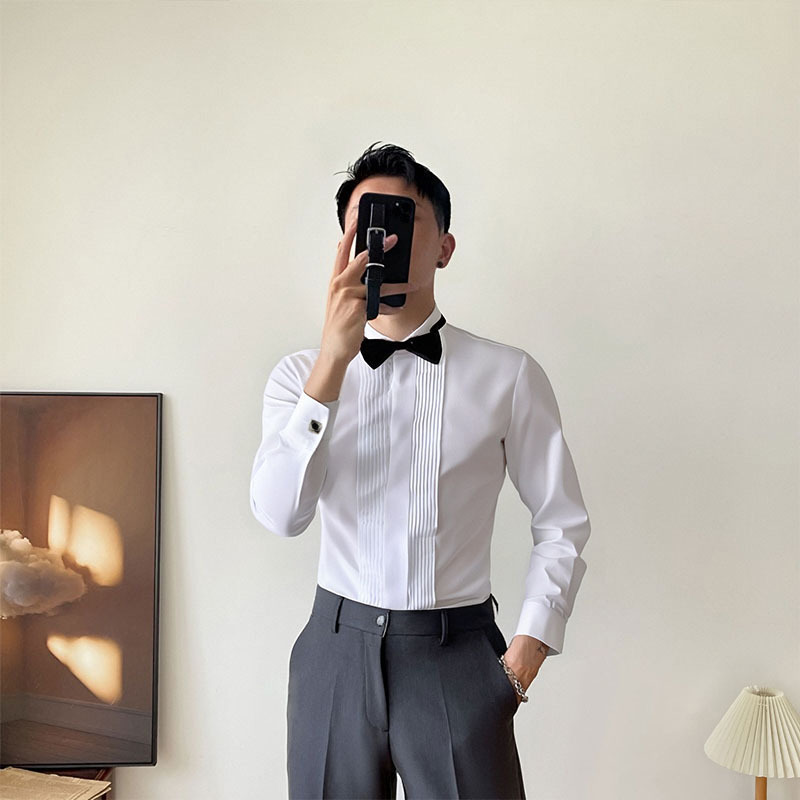 Men's White Wing Collar Shirt, Wrinkle-Resistant, No-Iron Dress Shirt, Gentleman's Banquet, Groom's Wedding Shirt, Business Commute