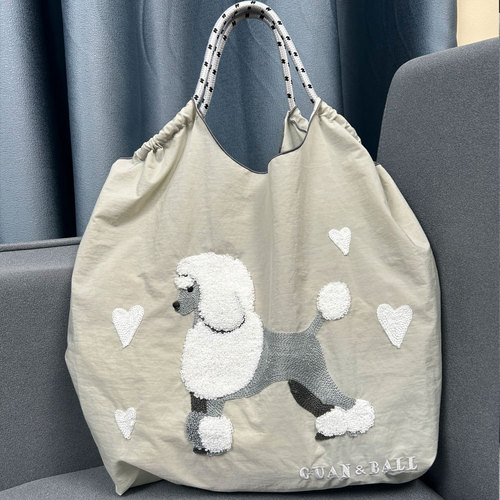 Poodle embroidered shopping bag cute large capacity storage nylon eco-friendly bag shoulder crossbody bag for women