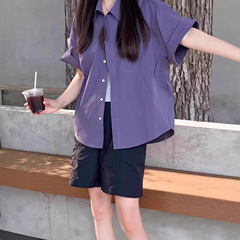 日系短袖紫色衬衫上衣女款夏季2025新款宽松复古休闲设计高级衬衫