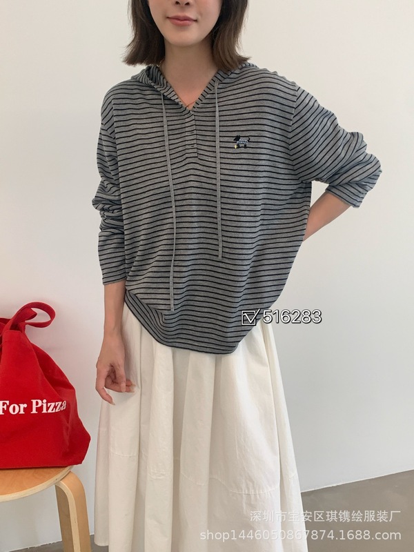 琪镌绘制秋季慵懒学院风连帽拼接打底衫休闲宽松长袖上衣女516283|undefined