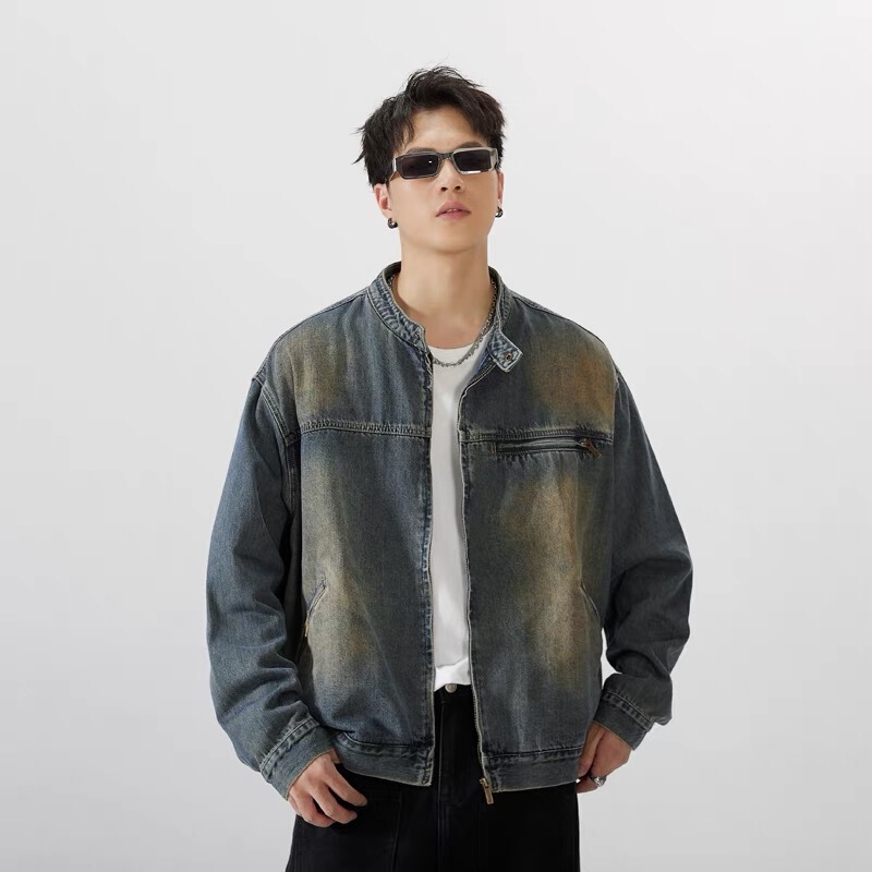 American-style Washed Vintage Nostalgic Blue Denim Jacket Men's Spring and Autumn Trendy Brand Loose Heavy Industry Plumpkin Handsome Zipper Jacket Top