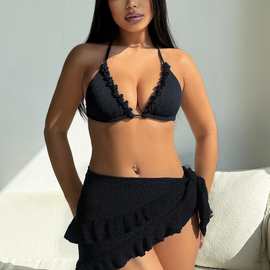 2025欧美分体比基尼泳衣三件套外贸巴西绑带bikini毛巾特殊面泳装