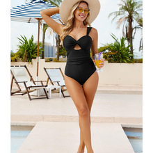 2025欧美连体泳衣撞色拼接遮肚绑带泳衣女性感镂空外贸跨境亚马逊