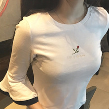 外貿批發2023夏季韓版新款刺綉上衣女裝喇叭袖白色短袖T恤女上衣