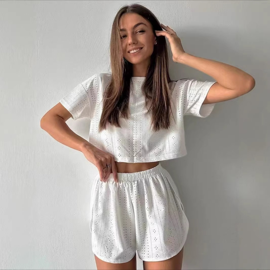 Cross-border 2026 Spring/Summer New European And American Sports Casual Outfit For Women, Solid Color Hollow Out Split_ecoleips.com