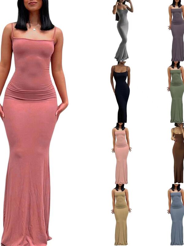 Strappy Dress, European and American Women's Fashion, High-End Pure Desire Style, Hip-Hugging Skirt, Sexy Slim-Fit Milk Silk Long Mermaid Dress Strappy Dress, European and American Women's Fashion, High-End Pure Desire Style, Hip-Hugging Skirt, Sexy Slim-Fit Milk Silk Long Mermaid Dress