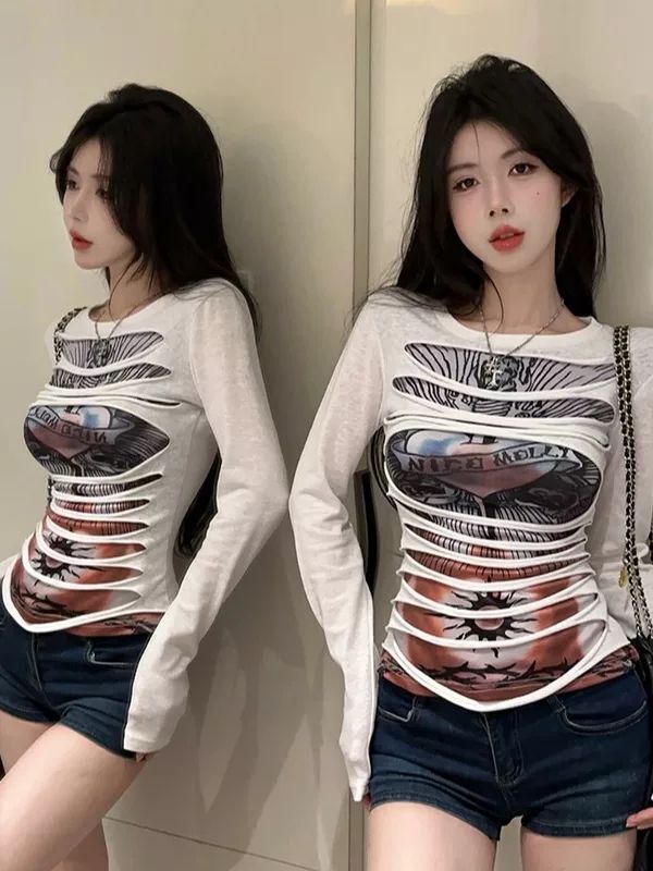 Ripped Long-Sleeve T-Shirt Rock Gothic Street Niche Women's Design Unique Split Slim Versatile Top Trendy Ripped Long-Sleeve T-Shirt Rock Gothic Street Niche Women's Design Unique Split Slim Versatile Top Trendy