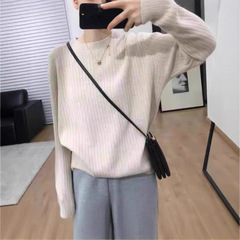 慵懒风圆领简约纯色毛衣女宽松休闲套头针织衫短款小个子针织长袖