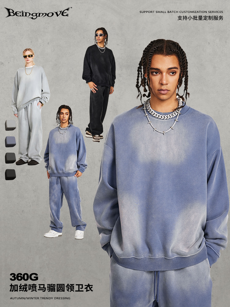 2025 otoño estilo americano marca de moda europea lavado con agua pesado cuello redondo chaqueta de gran tamaño para hombres con peluche grueso suelto vestido de pareja