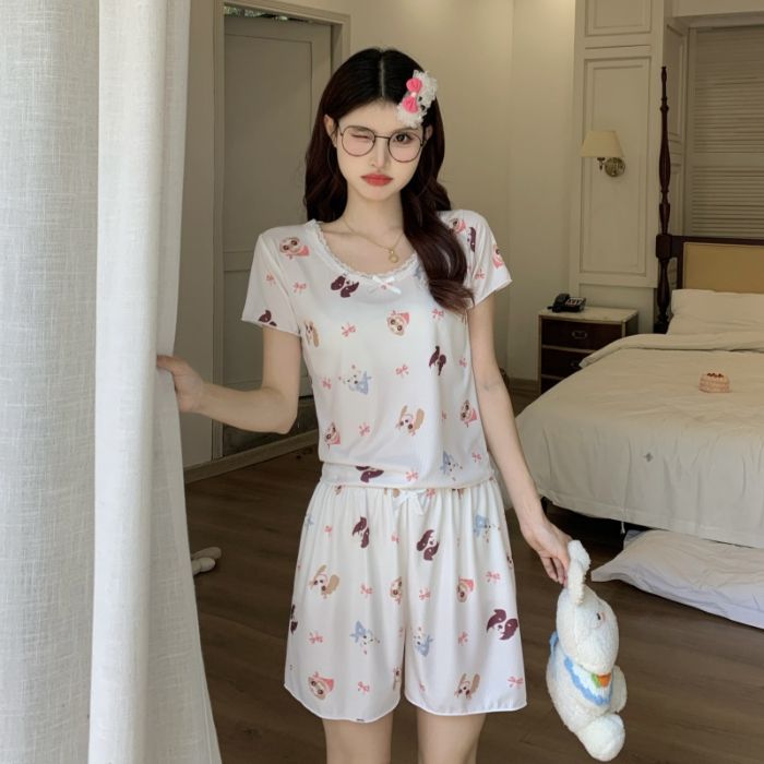 Pantalones cortos de manga corta con hilo de seda de hielo de verano al por mayor transfronterizo lindo encaje de dibujos animados coreanos ropa de hogar fresca pijamas mujeres