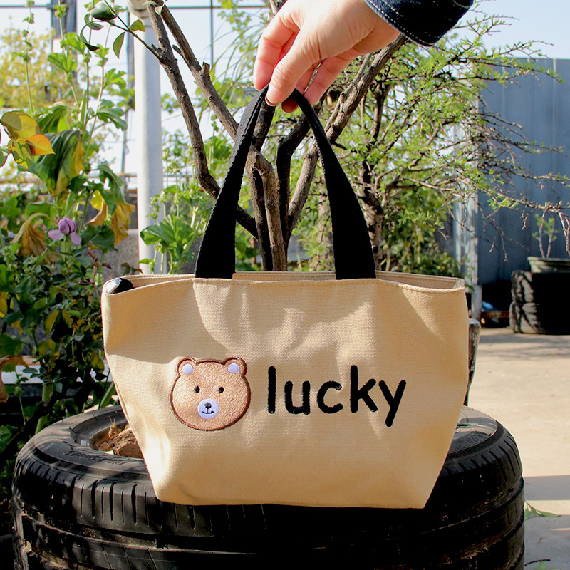 刺绣帆布袋上班族饭盒袋休闲百搭手提袋时尚卡通可爱手提包