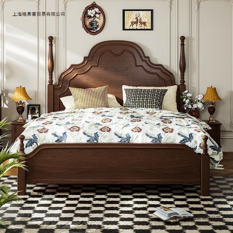 Medieval Style Textured Solid Wood Bed with Hard Backrest American Double Master Bedroom Bed French Home Environmentally Friendly Bed Factory Direct Sale