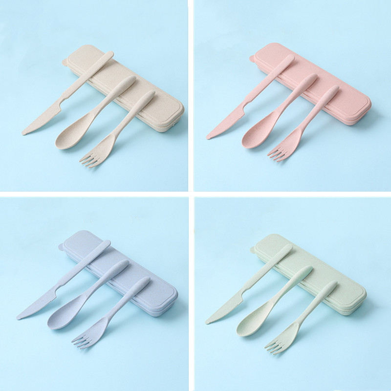 Trigo vajilla cuchillo, tenedor y cuchara de tres piezas conjunto de paja de trigo traje estudiante al aire libre vajilla portátil imprimible LOGO regalo