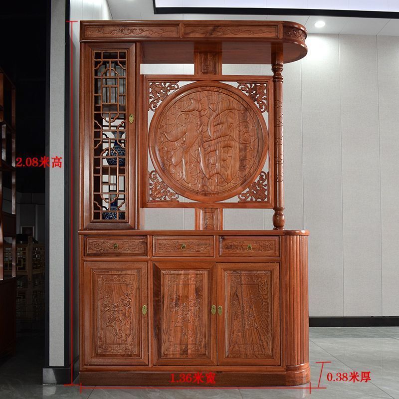 新中式仿古实木家用入户门龙柱玄关柜双面屏风隔断客厅遮挡福字柜|undefined