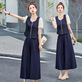 休闲时尚套装女2025夏季新款小个子气质显瘦高腰九分阔腿裤两件套