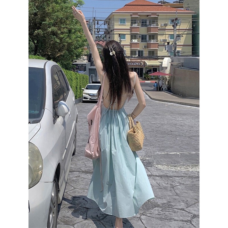 Backless Strap dress Women's Summer Back Lace-up Design Waisted Fairy Seaside Holiday Beach Long Skirt