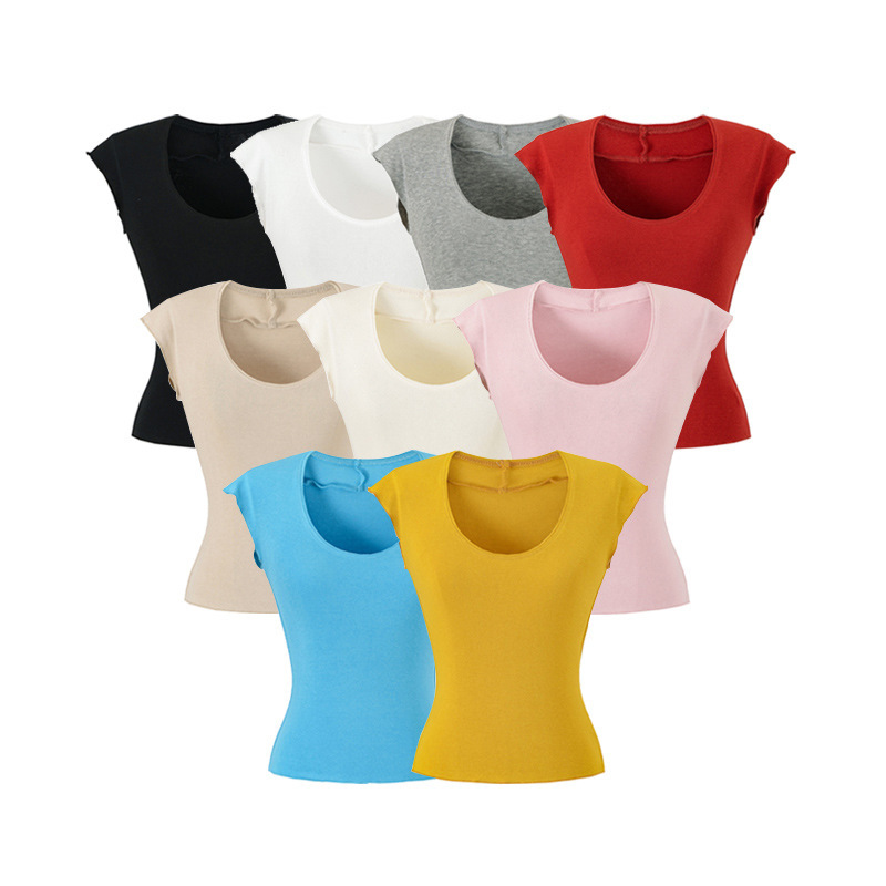 Bright and Stylish U-Neck Short-Sleeve Slim-Fit Waist-Cinching Slimming Base Shirt with High Elasticity, Short-Length, Regular Shoulder, Flutter Sleeves, Women's Summer Top Bright and Stylish U-Neck Short-Sleeve Slim-Fit Waist-Cinching Slimming Base Shirt with High Elasticity, Short-Length, Regular Shoulder, Flutter Sleeves, Women's Summer Top