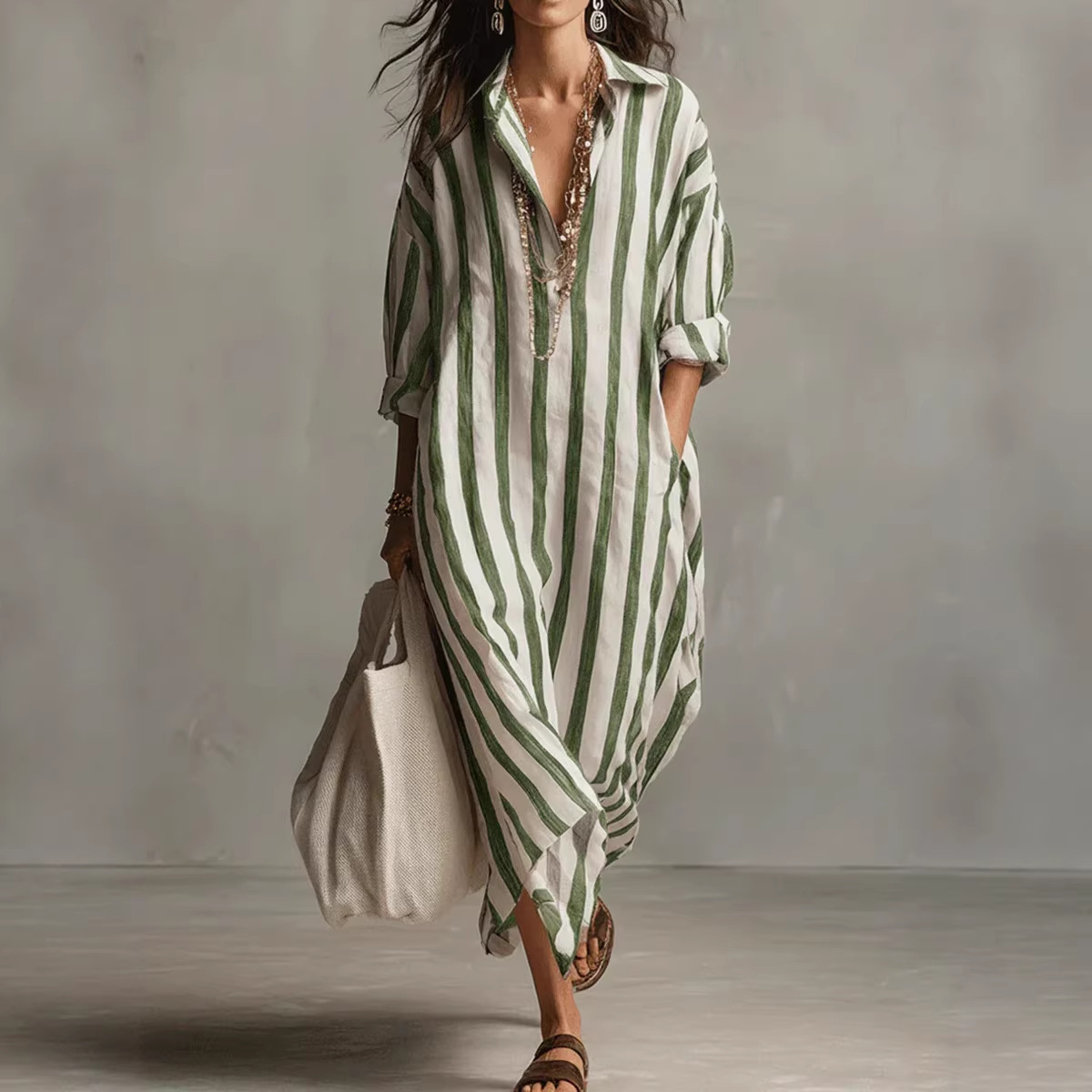 Elegantes, gestreiftes Maxikleid mit V-Ausschnitt für Damen, fließendes, lässiges Sommerkleid mit Seitentaschen_voghion.com
