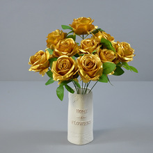 金色玫瑰仿真花圣诞节花环制作客厅装饰花单支摆件婚庆装饰玫瑰花