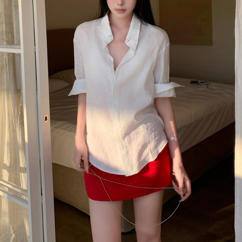 Natural Oxygen Bar | Relaxed Style Linen Handmade Pleated Rolled Sleeve Loose Shirt Women's Spring/Summer Top