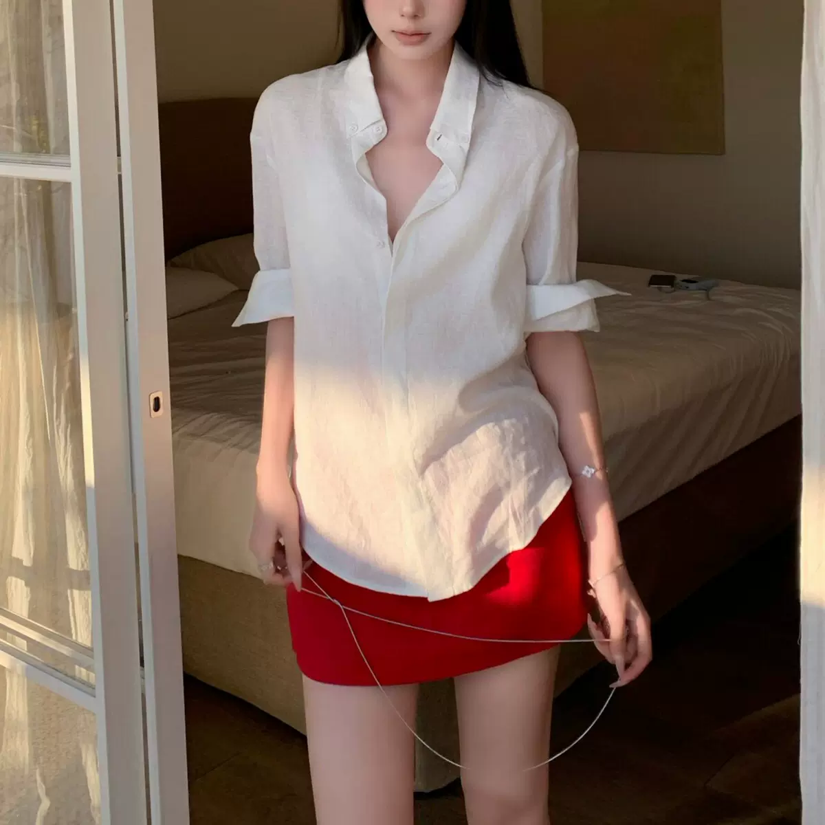 天然氧吧|松弛主义 亚麻手工翻褶卷边袖宽松衬衫春装女上衣春夏