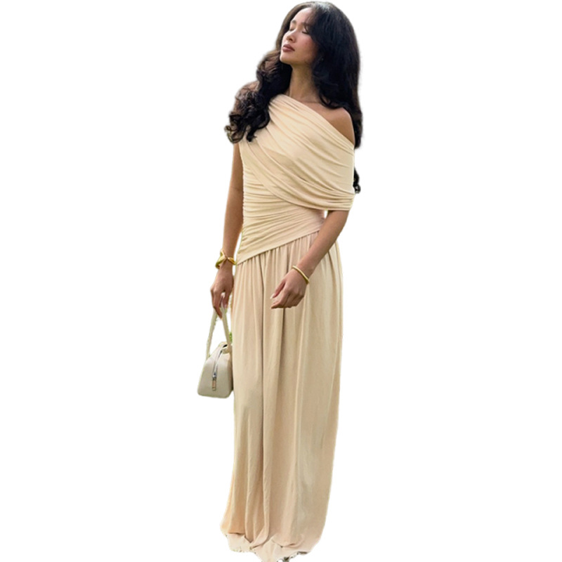 Summer New Women's Elegant Asymmetrical Neck Off-Shoulder Long Dress European And American Style Cross Border Solid Color Waist_ecoleips.com