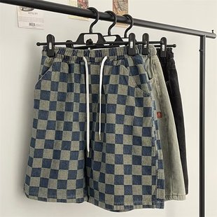 Hong Kong Style Ins Vintage Plaid Denim Shorts Men's Trendy Brand Harajuku Loose Pants Summer Thin Casual Pants