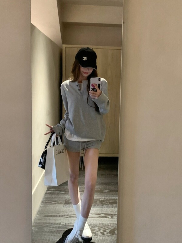 2025POLO领宽松薄款长袖T恤女早秋简约百搭高腰直筒休闲短裤套装|undefined