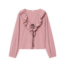 跨境外贸女装2025秋季欧美风叠层装饰系带长袖格纹衬衫女L52517