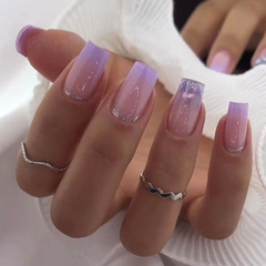 Summer Purple Gradient Mandarin Duck Nail, Long European Square Gradient Glitter False Nail Wear Nail Nail Sheet