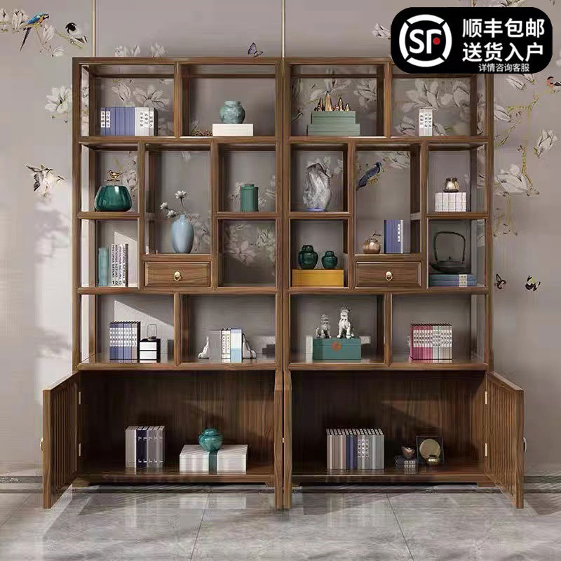 博古架實木新中式南榆木古董置物架仿古書架中國風酒櫃客廳隔斷櫃