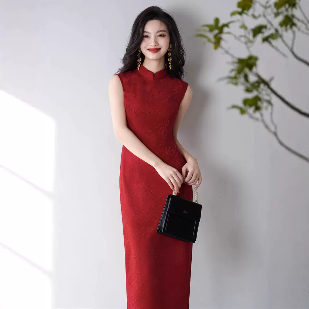 2025春夏新款无袖长款仿醋酸提花旗袍新娘敬酒服港风红色订婚礼服