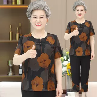 奶奶夏装冰丝套装中老年人女妈妈短袖T恤两件套姥姥胖老太太衣服