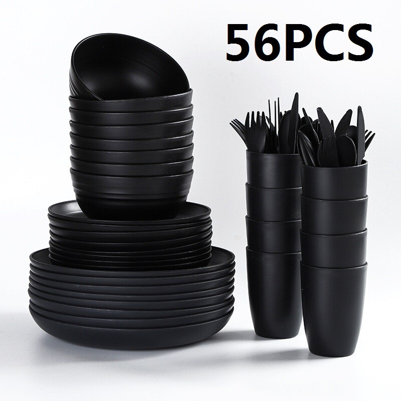 Cross-Border Amazon Black Wheat Straw Plate Bowl Cup Knife Fork Spoon 28/56 Piece Set Household Dishware Set Cross-Border Amazon Black Wheat Straw Plate Bowl Cup Knife Fork Spoon 28/56 Piece Set Household Dishware Set