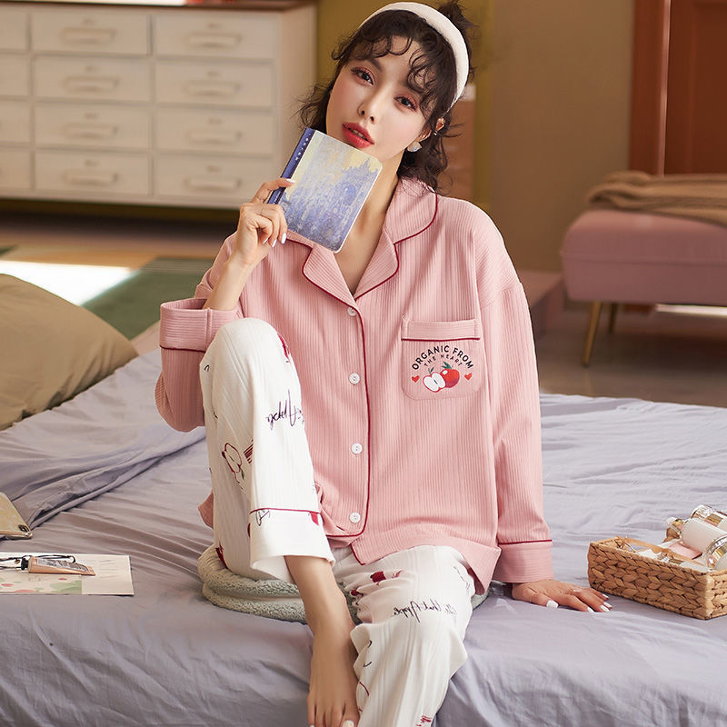 100% pijamas de algodón Primavera y otoño de las mujeres de manga larga coreana dulce princesa estilo cardigan desgaste del hogar traje de dos piezas