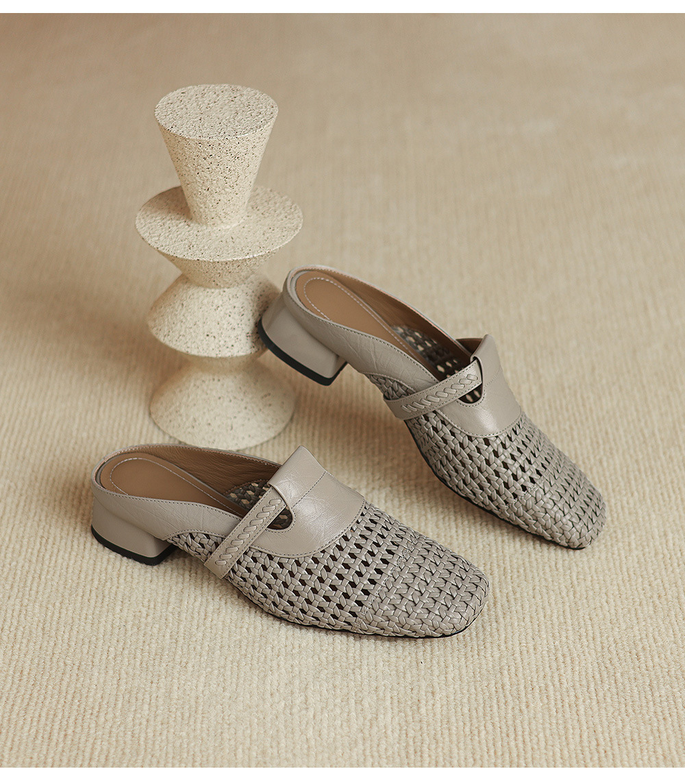 Dép sandal nữ quai chữ V đan dệt, gót thấp 3 cm, phong cách vintage — đen chi tiết 14