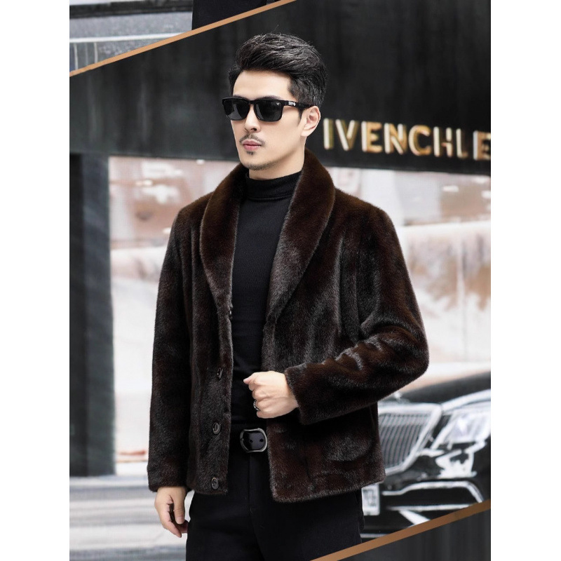 2025 Golden Mink Velvet Haining Fur Coat Men's Winter Thickened Warm Double-Sided Wear Green Fruit Collar Jacket